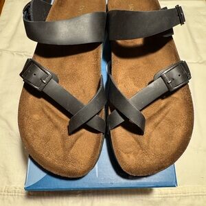 Black Leather Crisscross Strap Sandals with Brown Suede Footbed